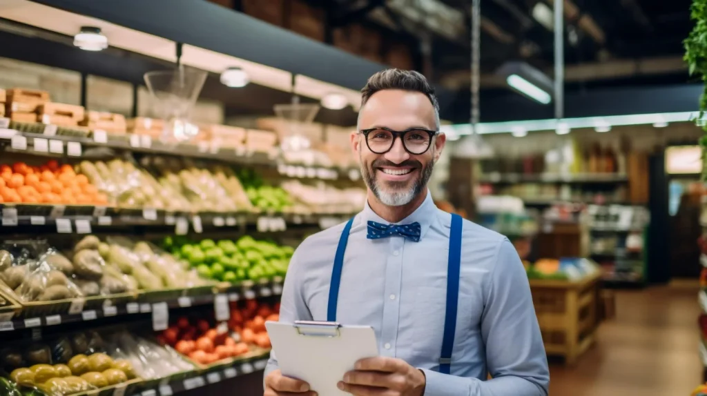 Homem branco gerindo supermercado e segurando uma prancheta com relatório emitido pelo sistema de gestão ERP.