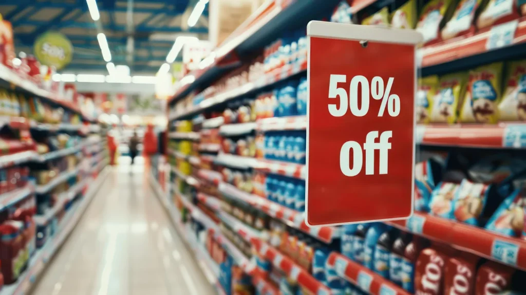 Ponta de gôndola de supermercado com placa de 50% off pendurada no corredor.