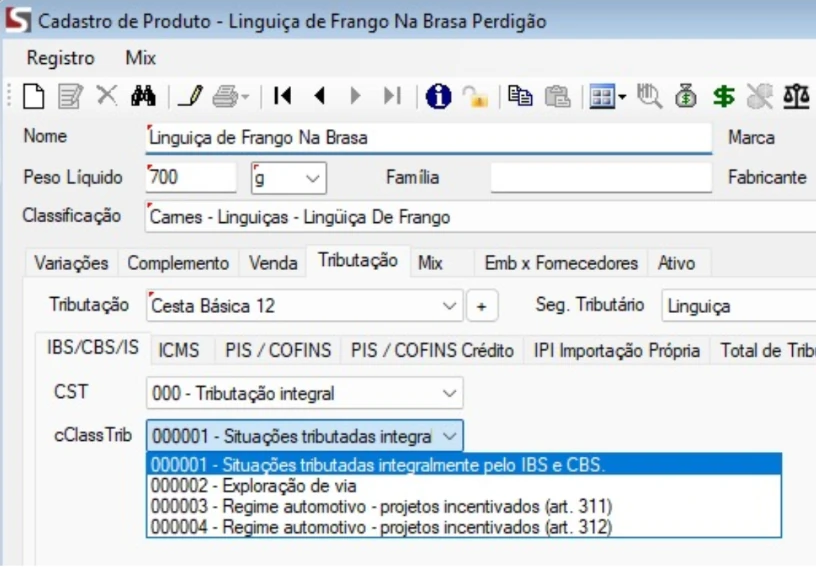 Tela de Cadastro de Produto com o campo cClass Trib, permitindo o enquadramento tributário de cada item conforme sua classificação fiscal. Aqui o usuário define corretamente o regime e as regras de tributação do produto, garantindo conformidade com a Reforma Tributária e automação das rotinas fiscais.