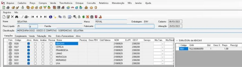 Tela do software ERP para supermercado Solidcon exibindo a criação e manutenção de família de produtos no módulo comercial