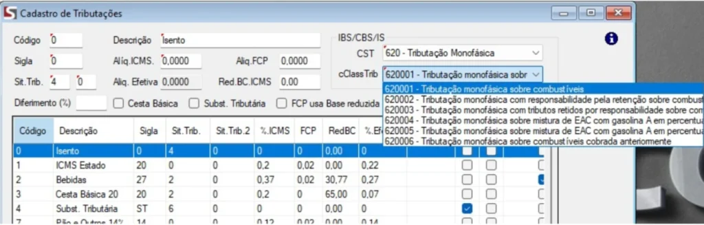 Tela de Cadastro de Tributações contendo o recurso cClass Trib, onde são configuradas as regras tributárias aplicáveis a cada grupo de produtos. Essa área centraliza a definição de alíquotas, benefícios e particularidades fiscais, reduzindo erros manuais e facilitando a atualização para o novo modelo IVA