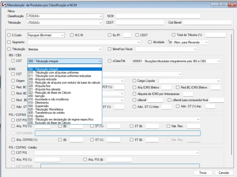 Tela de Manutenção de Produtos com filtro por Classificação e NCM, incluindo o campo cClass Trib para ajustes em massa, revisão rápida e correção tributária de grandes volumes de SKU. Esse recurso permite adequações ágeis e seguras conforme as novas exigências da Reforma Tributária.