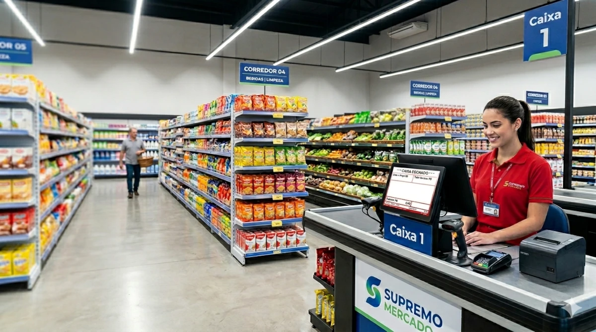 Programa supermercado integrando vendas, estoque e caixa em loja moderna
