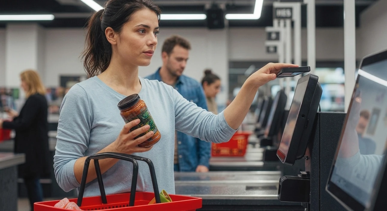 Sistema PDV supermercado moderno em operação no checkout, com operador utilizando tela touch para registrar compras de forma rápida e eficiente em ambiente de varejo.