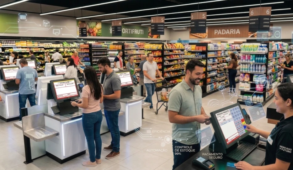 Gestão de supermercado com software integrado mostrando controle de estoque, vendas e automação comercial