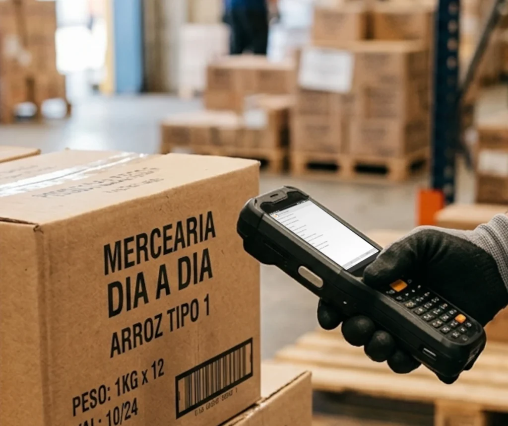 Conferente de supermercado de costas na doca de recebimento, usando um coletor de dados para bipar caixas de mercadorias em um palete, ilustrando o processo de conferência cega.
