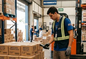 Close-up nas mãos de um funcionário segurando um smartphone que roda o aplicativo de conferência cega da Solidcon, mostrando a tela com uma lista de produtos sem quantidades visíveis.