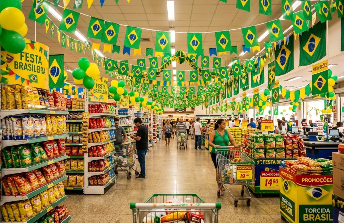 Gerente de supermercado organizando gôndola de bebidas e petiscos decorada para a Copa do Mundo